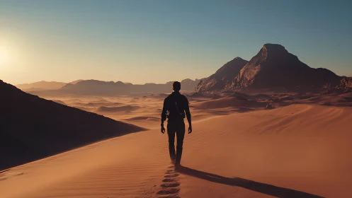 Lone wanderer traces sunlit paths across silent desert dunes.