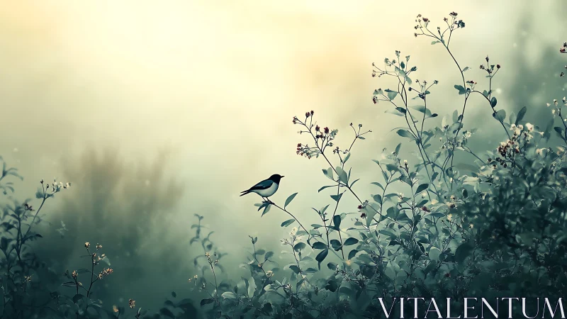 Serene Songbird on Dewy Morning Branch in Dreamy Nature Scene.