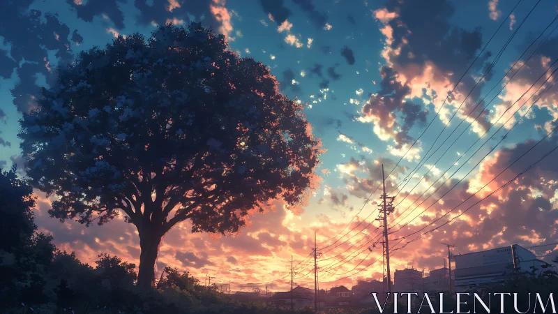 Twilight-drenched city tree quietly conducts the glowing sky