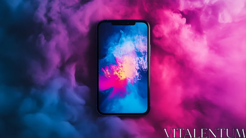 Neon smartphone glows amid swirling pink and blue clouds.
