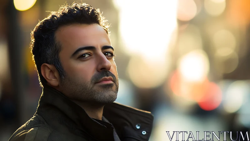 Man in jacket stands outdoors against blurred urban lights