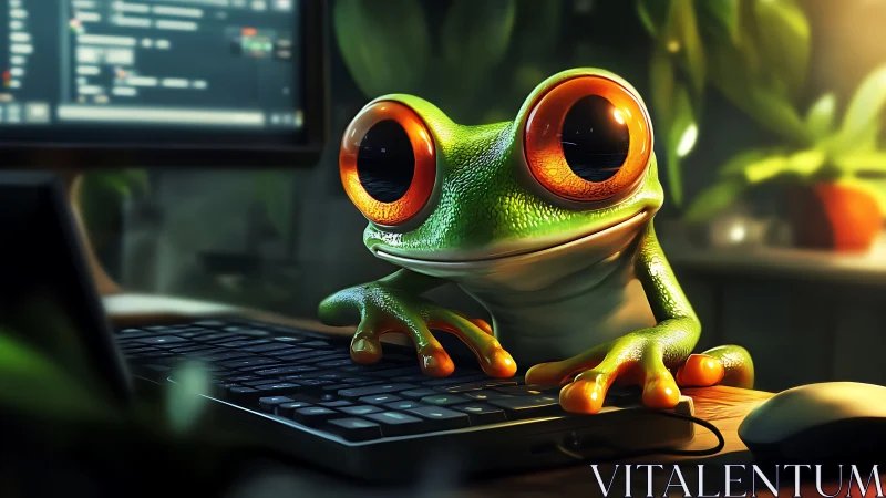 Computer keyboard with stylized frog character in close view.