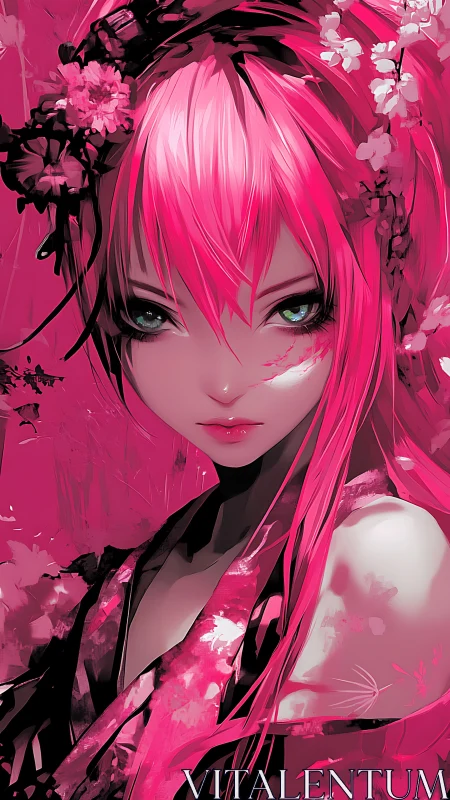 Pink haired anime girl portrait with floral headpiece.