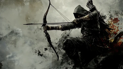 Hooded archer draws bow amid splattered battle smoke.