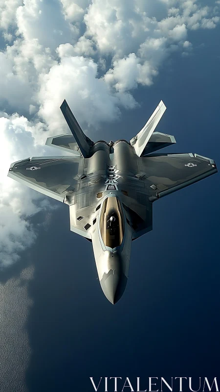 Modern stealth fighter jet in high altitude overhead view.