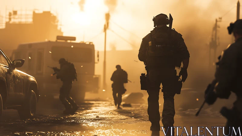 Urban tactical squad advancing through smoky sunset streets.