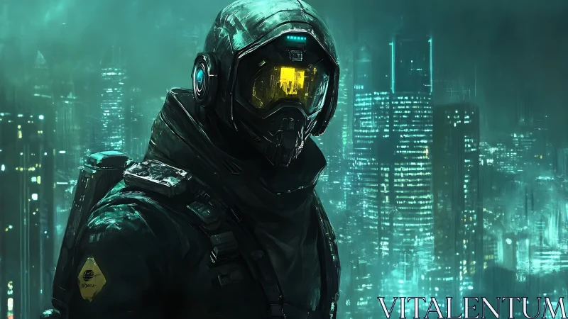 Cybernetic recon operative in neon-saturated megacity haze.