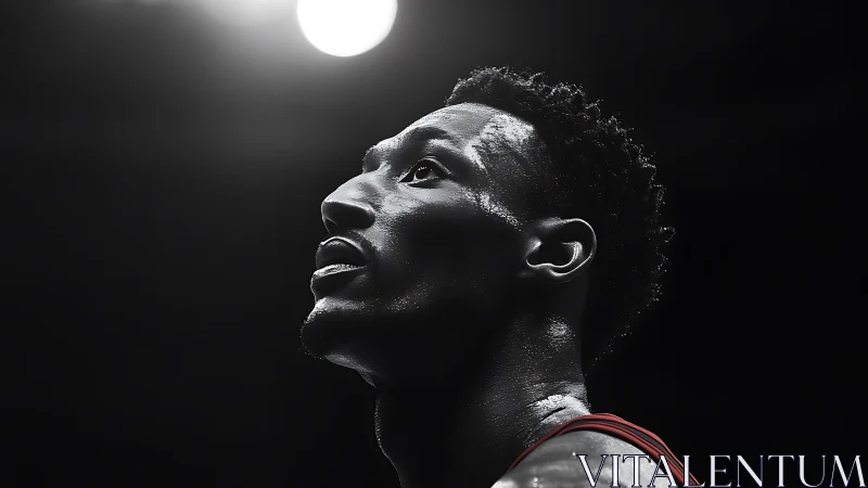Dramatic courtside portrait of focused basketball player.