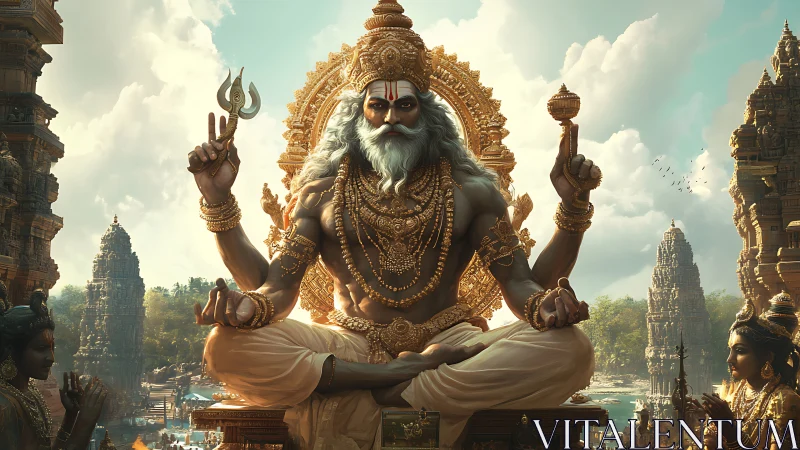 Divine sage seated before sunlit temple skyline in gold.