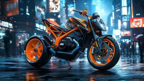 Electric orange street bike in neon drenched cyberpunk city.