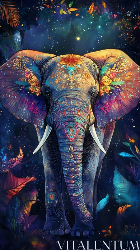 Color-saturated patterned elephant in stylized night forest.