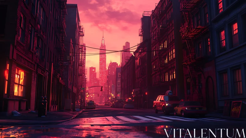 Neon dusk street frames glowing city skyline horizon.
