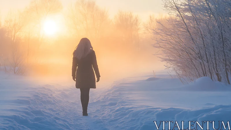 Silhouette of person walking through snowy field at sunrise