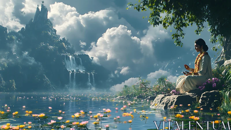 Mountain-lake meditation beneath storm-kissed clouds.