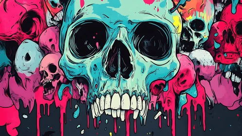 Neon skull cluster drips vivid cyan and magenta paint.
