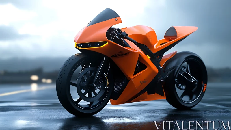 Electric superbike concept on wet asphalt with LED aero fairing
