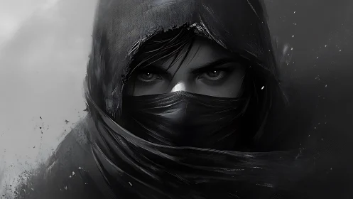 Shrouded rogue portrait in monochrome windswept darkness.