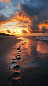 Photorealistic shoreline sunset with reflective wet sand trail.