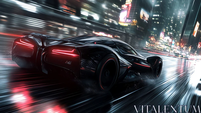 Neon storm hypercar tears through rain-glazed city streets.