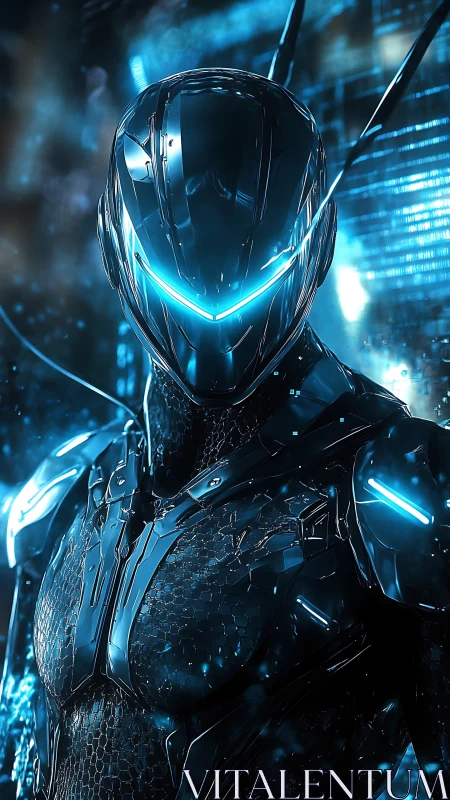 Neon-slick cyber sentinel bathed in electric cobalt haze.