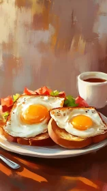 Sunny-side breakfast duet on toast with cozy coffee glow.