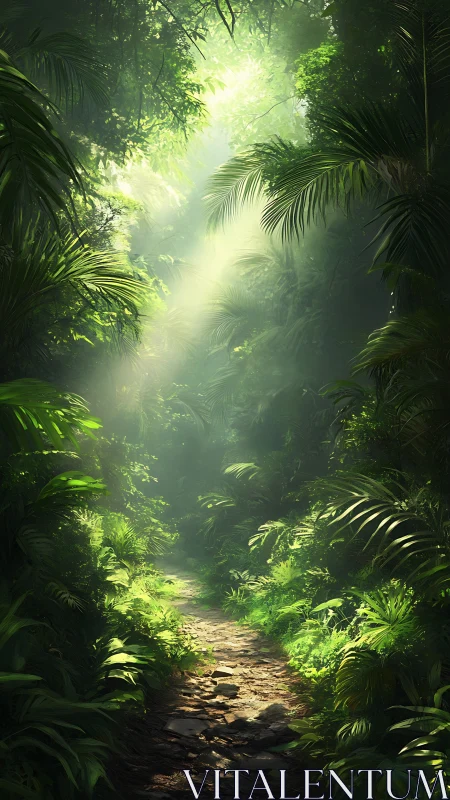 Sunlit Path Through Emerald Forest.