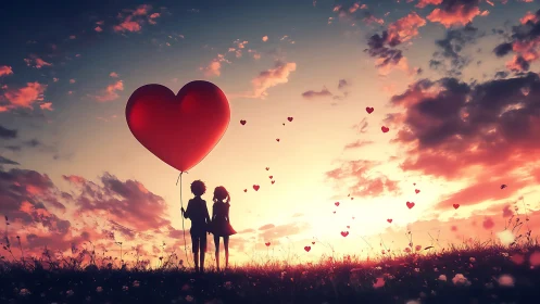 Silhouetted figures holding oversized red heart balloon during golden hour sunset
