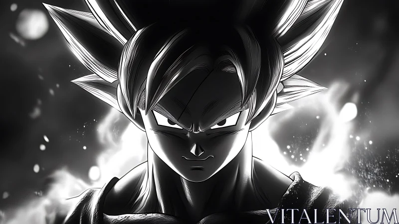 Fierce anime warrior glows with power in dramatic monochrome