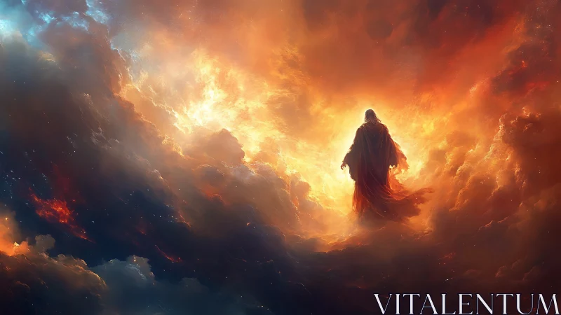 Luminous wanderer steps through a storm of burning clouds.