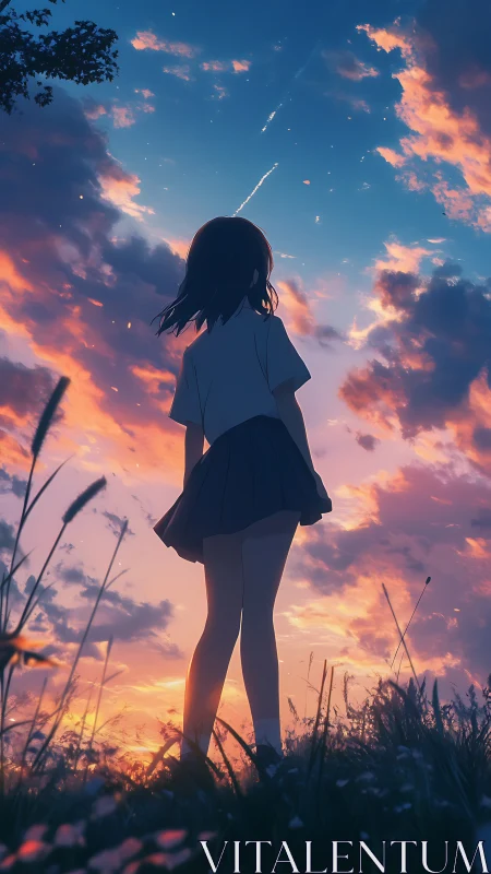 Anime twilight sky study with silhouetted schoolgirl figure.