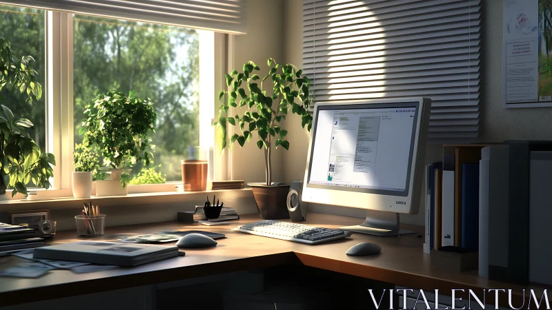 Sunlit workstation with monitor, desk plants, and supplies.