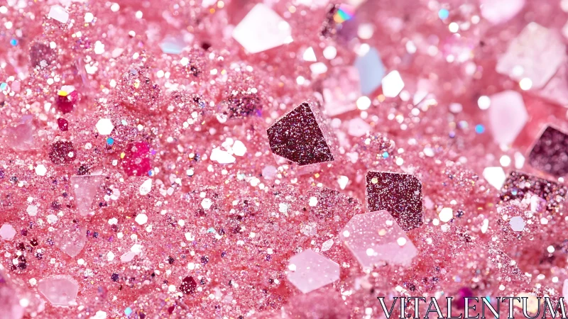 Pink glitter macro reveals faceted shards and bokeh light.