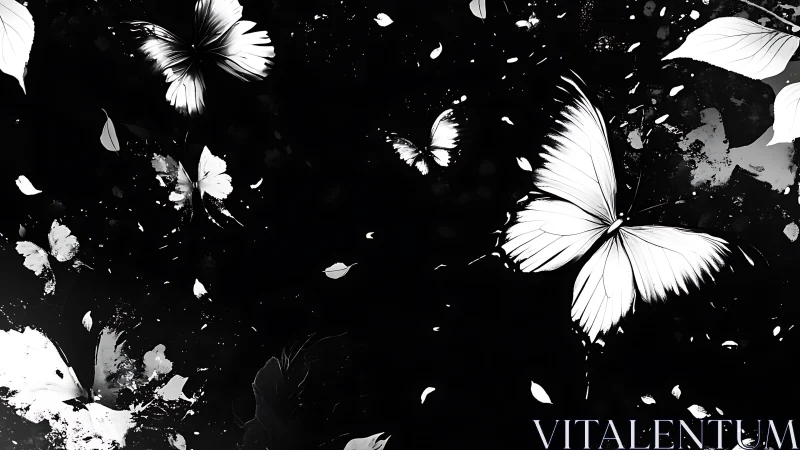 Monochrome lepidoptera swarm amid high-contrast splatter field.