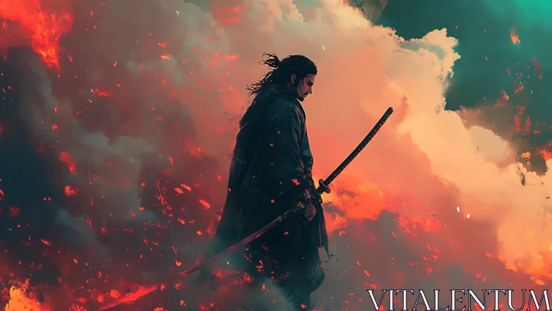 Lone samurai with katana amid burning embers and sky.