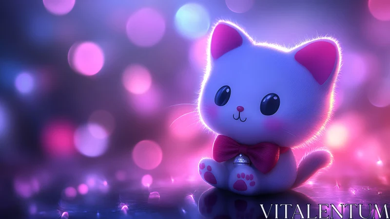 Neon Glowing Cat Character with Pink Bow Tie.