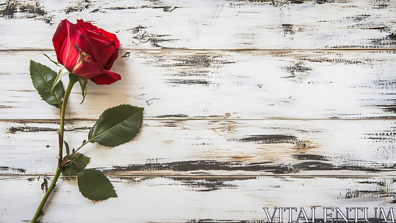Red rose rests on weathered white painted wooden surface with green leaves.
