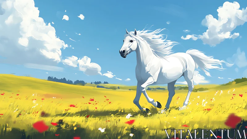 Dynamic white stallion rendered in vibrant pastoral digital painting