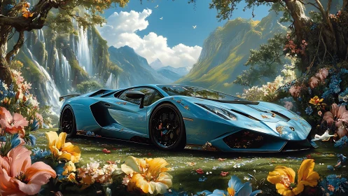 Blue supercar stands in lush valley surrounded by flowers