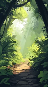 Sunlit Forest Path Through Enchanted Canopy.