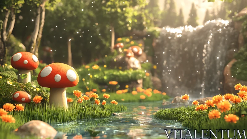 Mushroom creek daydream beneath a sparkling forest waterfall.