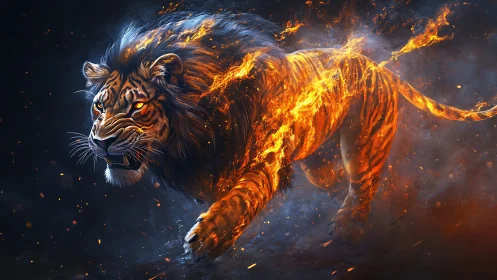 Flaming tiger in dynamic stride rendered with high contrast lighting