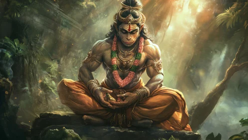 Mythic simian warrior meditating in sunlit rainforest sanctum