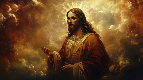 Radiant sacred figure emerges through luminous storm clouds.