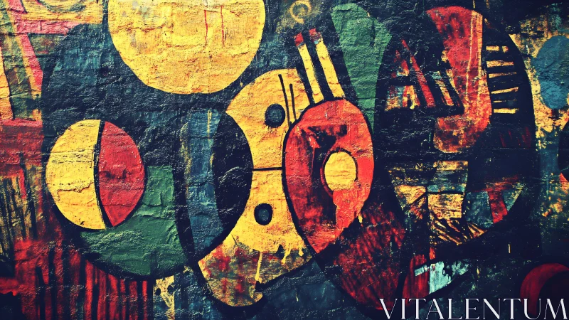 Bold abstract mural with geometric shapes in vivid urban style.