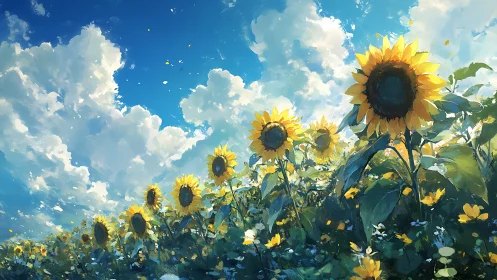 Sunflower field under bright blue sky and large clouds.