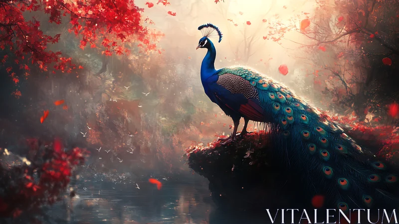 Majestic peacock on forest rock above misty riverbank.