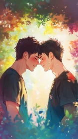 Sunlit lovers share a tender moment in a glowing garden