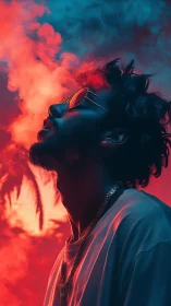 Neon haze around a chill dreamer in tropical twilight glow.