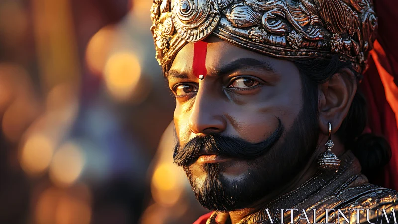 Cinematic digital portrait of armored regal warrior in sunlight.