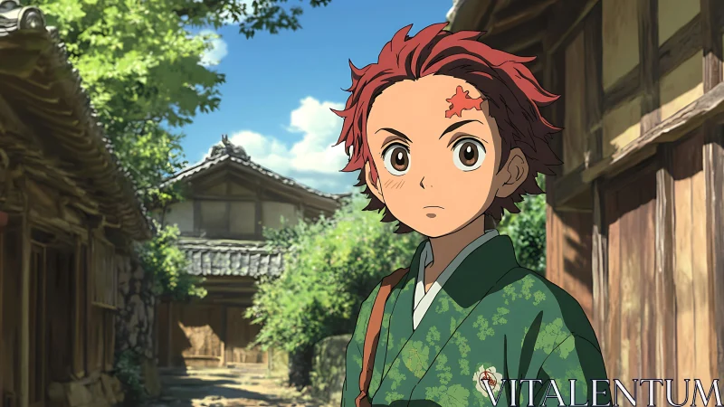 Village sunbeams pause on a resolute red haired wanderer